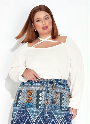 Blusa (Off White) Amarra��o no Decote Plus Size