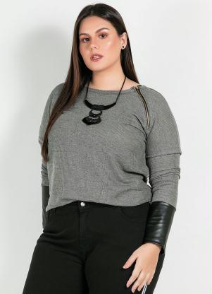Blusa Plus Size(Cinza)Com Detalhes em Couro