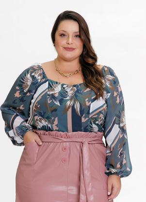 Blusa Plus Size (Floral Color) com Mangas Bufantes Blusa Plus Size (Floral Color) com Mangas Bufantes