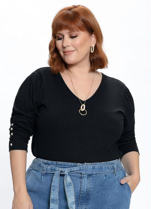Blusa Plus Size (Preta) com Bot�es nas Mangas