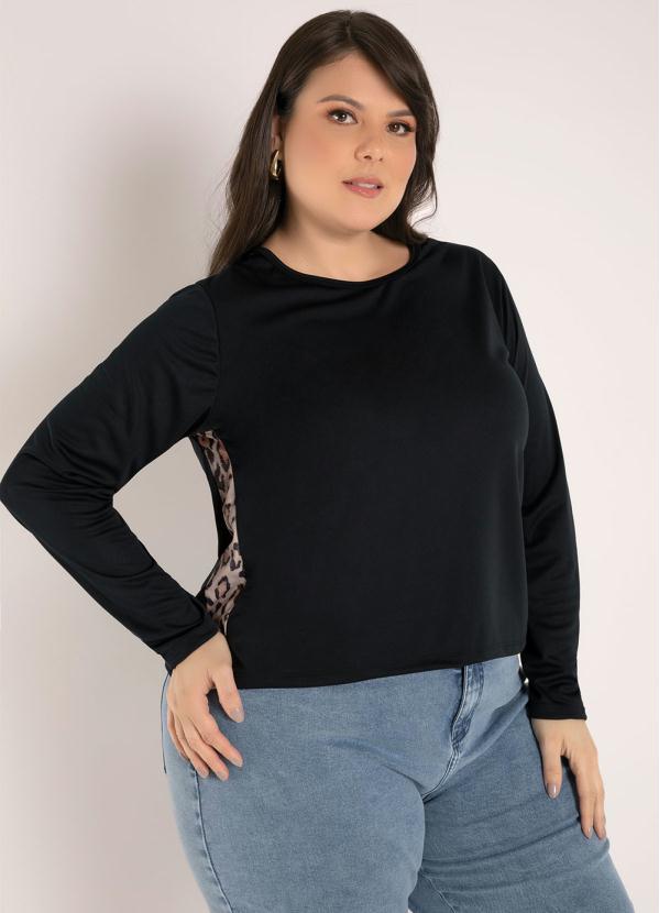 Blusa (Preta/On�a) com Recortes Laterais Plus Size
