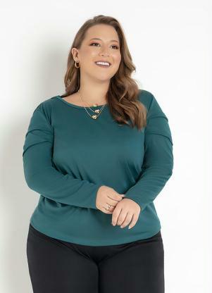 Blusa (Verde) Mangas Longas com Pregas Plus Size