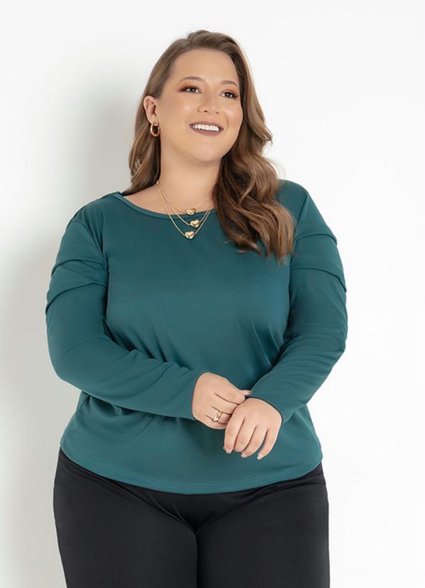 Blusa (Verde) Mangas Longas com Pregas Plus Size