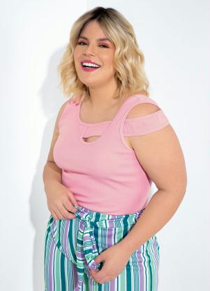 Blusa (Rosa) com Recorte Vazado Plus Size