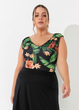 Body (Floral Preto) com Decote V Plus Size