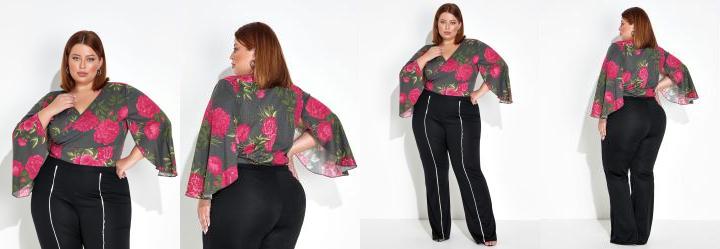 Body Floral Preto com Transpasse Plus Size