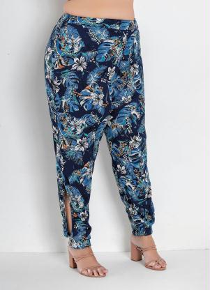 Calça (Floral Azul) com Fenda Plus Size Calça (Floral Azul) com Fenda Plus Size
