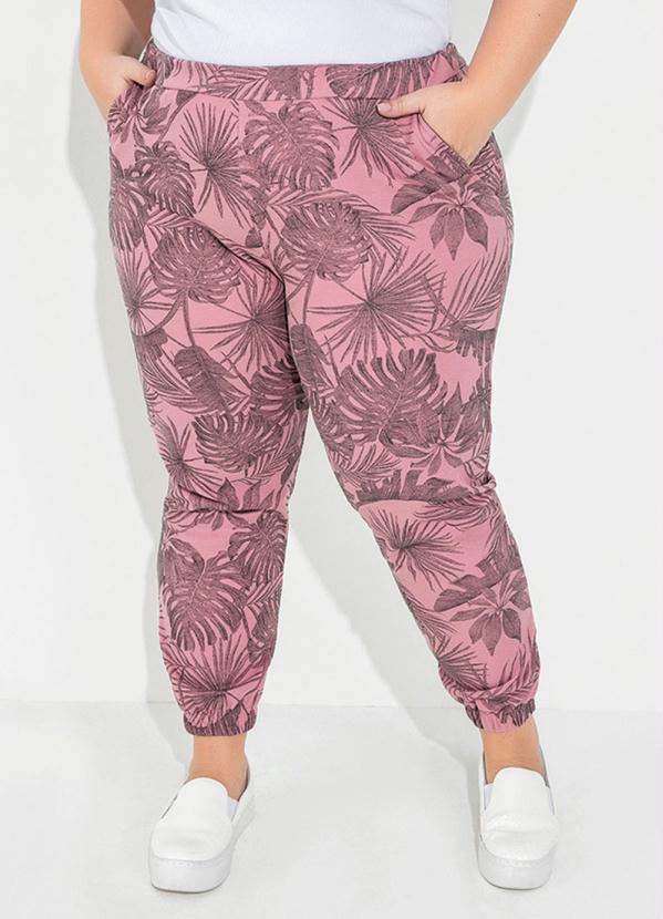 Cal�a (Folhas Rosa) El�stico na Cintura Plus Size