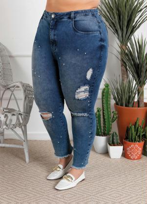 Cal�a Jeans Plus Size (Azul) com Detalhe em P�rola