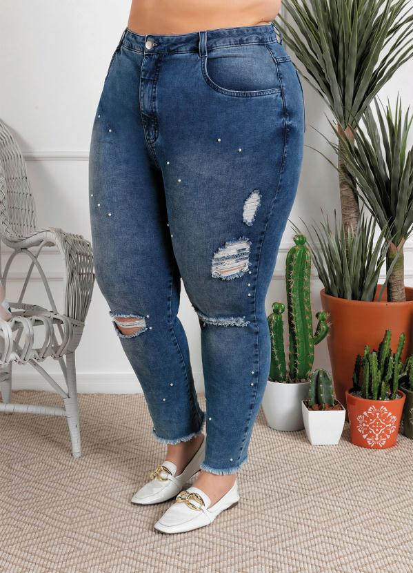Cal�a Jeans Plus Size (Azul) com Detalhe em P�rola