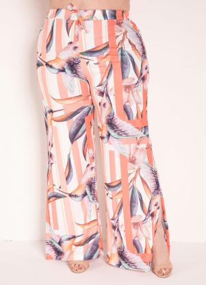 Calça (Pássaros Salmão) Pantalona Plus Size Calça (Pássaros Salmão) Pantalona Plus Size