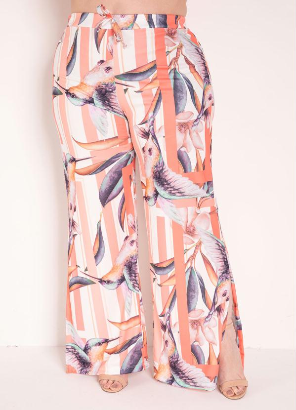 Calça (Pássaros Salmão) Pantalona Plus Size Calça (Pássaros Salmão) Pantalona Plus Size