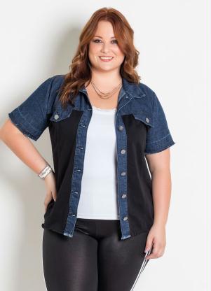 Camisa (Jeans Preta) com Bot�es Plus Size