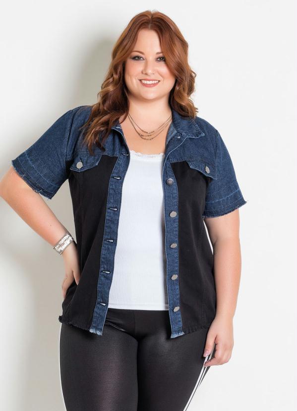 Camisa (Jeans Preta) com Bot�es Plus Size