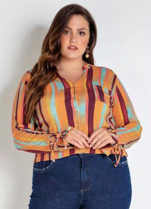 Camisa Estampada Plus Size (Laranja) Manga Longa Camisa Estampada Plus Size (Laranja) Manga Longa