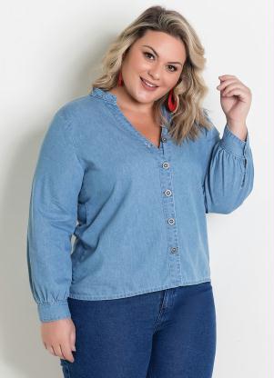 Camisa (Jeans) com Mangas Bufantes Plus Size
