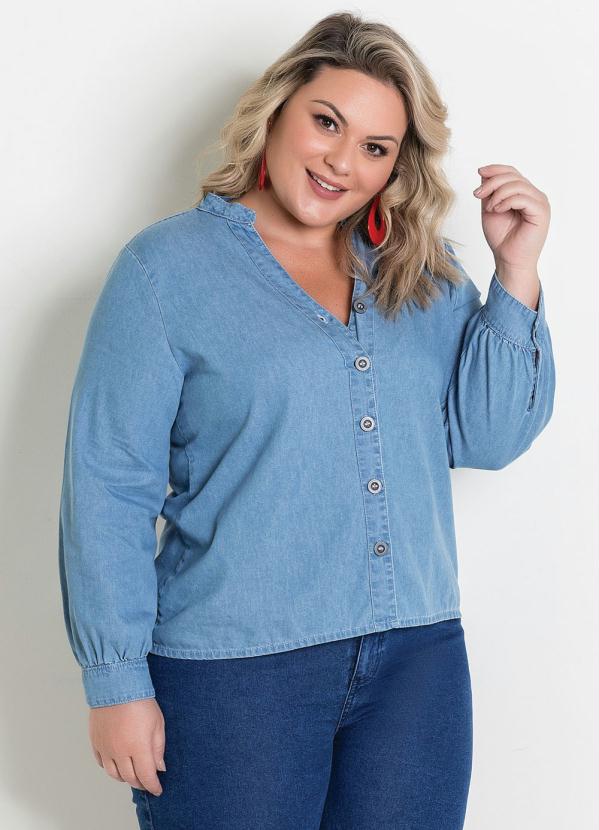 Camisa (Jeans) com Mangas Bufantes Plus Size
