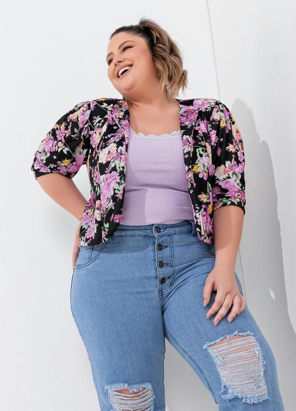 Bolero (Floral Preto) com Mangas Plus Size