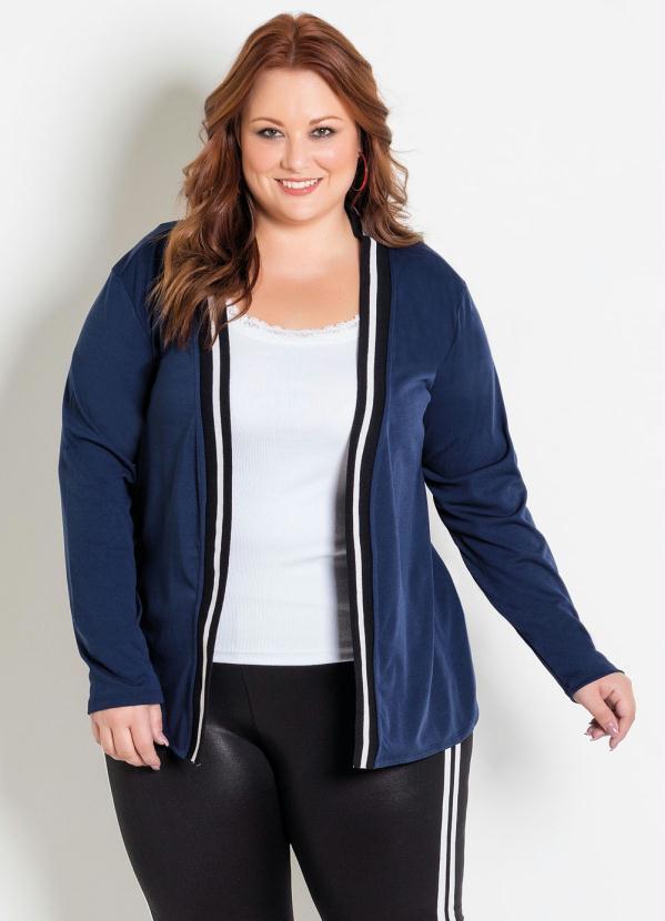 Cardigan (Marinho) com Retil�nea Plus Size