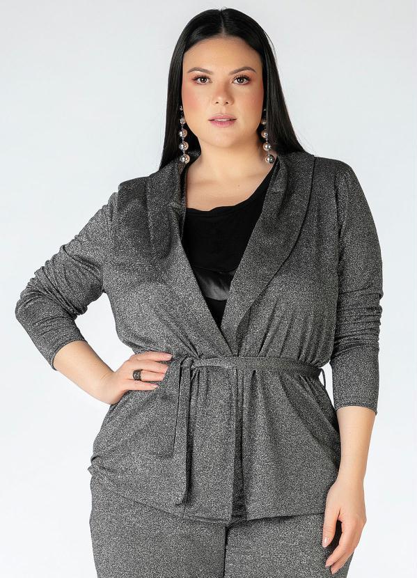 Cardigan Plus Size (Prata) com Amarra��o