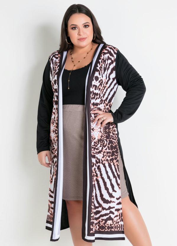 Cardigan (Preto e On�a) com Fendas Plus Size