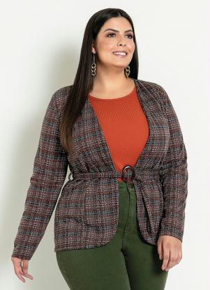 Cardigan (Xadrez Preta) com Faixa Gr�tis Plus Size