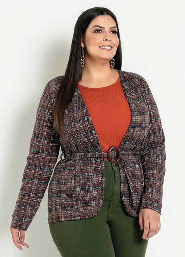 Cardigan (Xadrez Preta) com Faixa Gr�tis Plus Size
