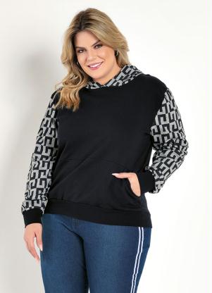 Casaco (Preto e Geométrico) com Capuz Plus Size Casaco (Preto e Geométrico) com Capuz Plus Size