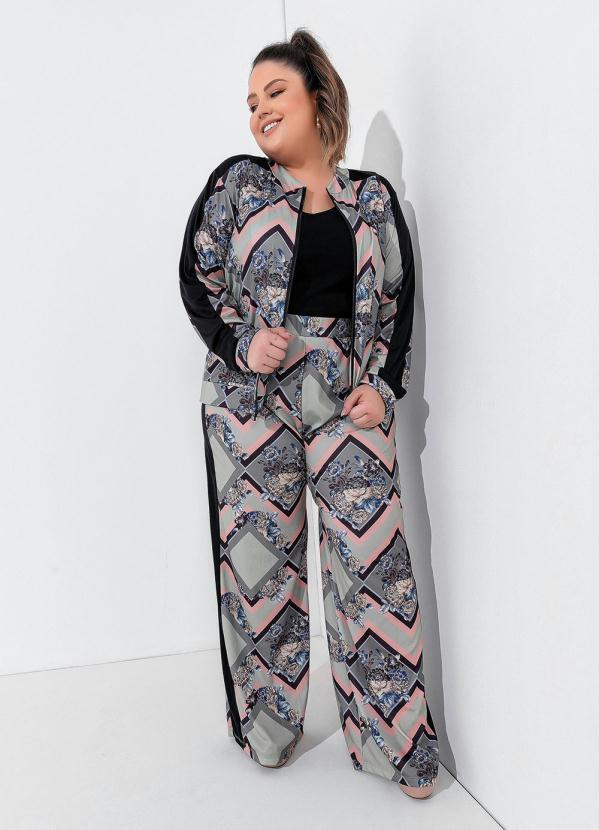 Jaqueta (Flor e Geom�trico Verde) Plus Size