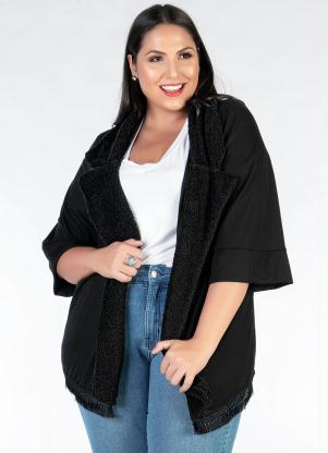 Kimono Plus Size (Preto) com Pelo e Franjas