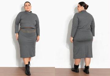 Conjunto Chumbo Blusa e Saia em Ribana Plus Size