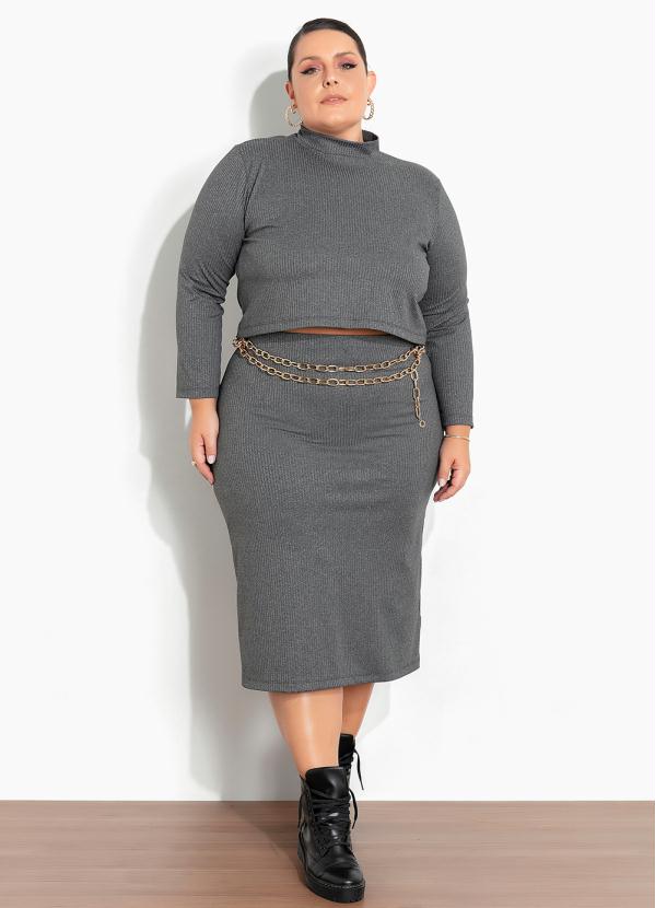 Conjunto (Chumbo) Blusa e Saia em Ribana Plus Size