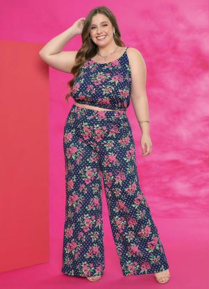 Conjunto (Floral e Poá) Cropped e Calça Plus Size Conjunto (Floral e Poá) Cropped e Calça Plus Size