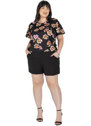 Conjunto (Floral e Preto) Blusa e Short Plus Size
