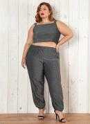 Conjunto Preto e Prata Cropped e Cal�a Plus Size