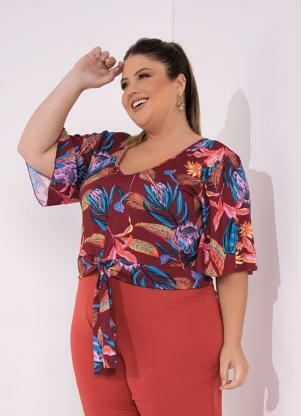 Blusa (Floral Bord�) com Amarra��o Plus Size