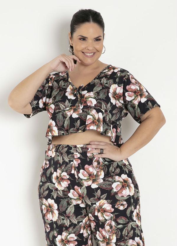 Cropped (Floral) com Babado na Barra Plus Size