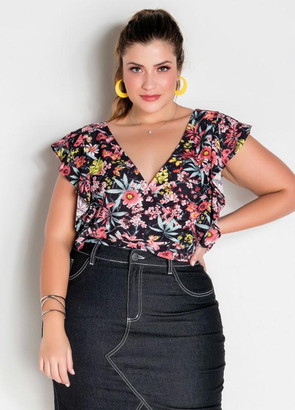 Cropped (Floral) Transpassado com Babado Plus Size Cropped (Floral) Transpassado com Babado Plus Size