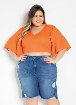 Cropped (Laranja) com Mangas Plissadas Plus Size