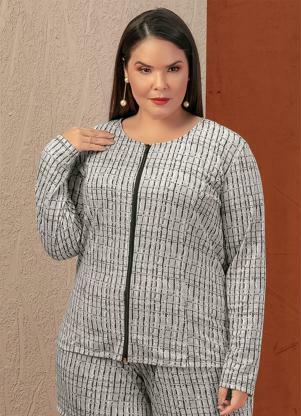 Casaquinho (Abstrato Branco) com Z�per Plus Size