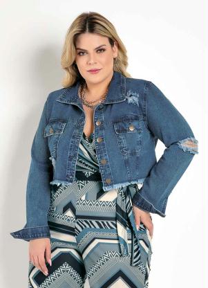 Jaqueta (Jeans) Cropped Destroyed Plus Size Jaqueta (Jeans) Cropped Destroyed Plus Size