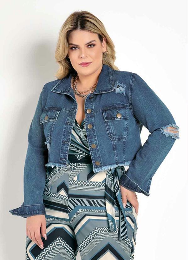 Jaqueta (Jeans) Cropped Destroyed Plus Size Jaqueta (Jeans) Cropped Destroyed Plus Size