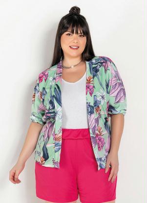 Kimono (Floral Verde) com Mangas 3/4 Plus Size Kimono (Floral Verde) com Mangas 3/4 Plus Size