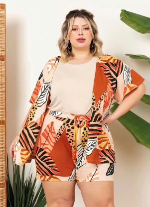 Kimono Plus Size (Folhas) com Mangas Evasê Kimono Plus Size (Folhas) com Mangas Evasê