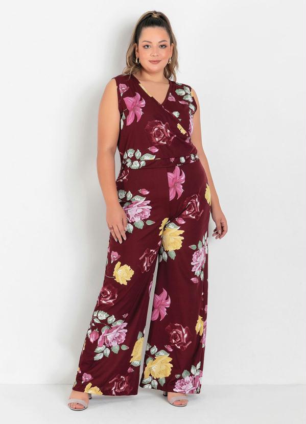 Macacão (Floral Bordô) com Transpasse Plus Size Macacão (Floral Bordô) com Transpasse Plus Size