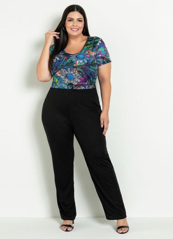 Macacão (Floral e Preto) com Fivela Plus Size Macacão (Floral e Preto) com Fivela Plus Size