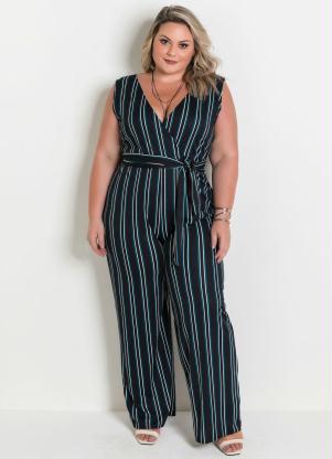 Macac�o Pantalona (Listrado) Plus Size sem Mangas
