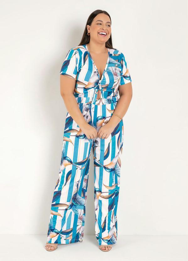 Macac�o (P�ssaros Azul) com Amarra��o Plus Size