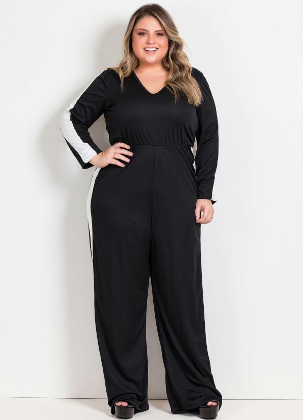 Macacão (Preto) com Recortes Laterais Plus Size Macacão (Preto) com Recortes Laterais Plus Size