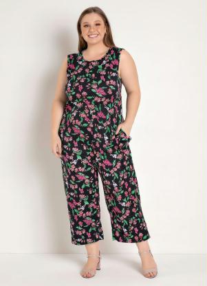 Macac�o (Floral Preto) com Bolsos Plus Size